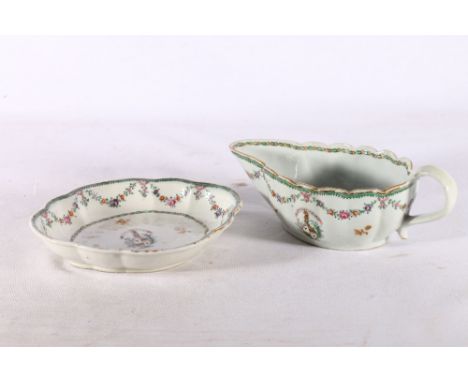 Samson of Paris gravy boat and stand with&nbsp;Cuninghame of Craigends "So Fork Forward" crest decorated with floral garlands
