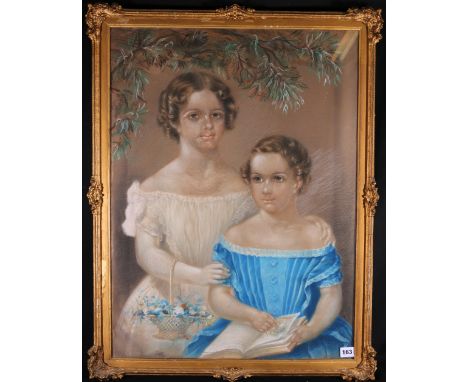 19TH CENTURY SCHOOL&nbsp;Portrait of two girls&nbsp;Unsigned pastel and chalk sketch, 72cm x 54cm 