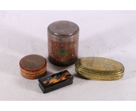 Dutch brass snuff or tobacco box of oval shape with incised decoration 12cm long, a tortoiseshell snuff box with applied silv