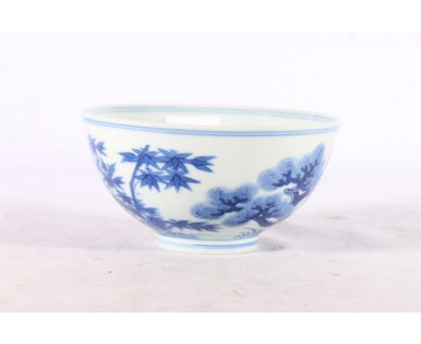 Chinese blue and white bowl decorated with the 'Three Friends' pattern, the interior with Lingzhi design, Daoguang mark to th