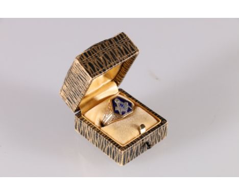 14kt gold Masonic ring with compass and square motif and engraved shoulders, ring size Q/R, 7.5g  Cracks to blue enamel.  Pos