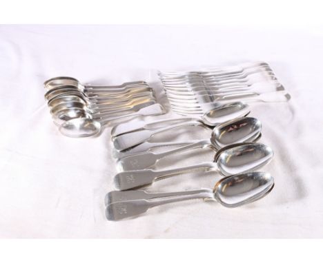 Part suite of Victorian silver fiddle pattern flatware monogrammed K comprising twelve table spoons, twelve table forks and t