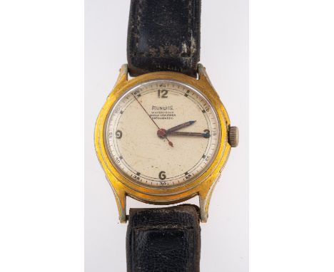 Munwill a gold-plated wristwatch the silvered dial with baton and Roman numerals, sweep seconds hand and signed Munwill, Shoc