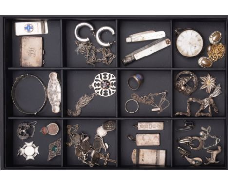 A group of mainly silver items including a box with raised decoration, silver money clips,mother of pearl handled pen knives,