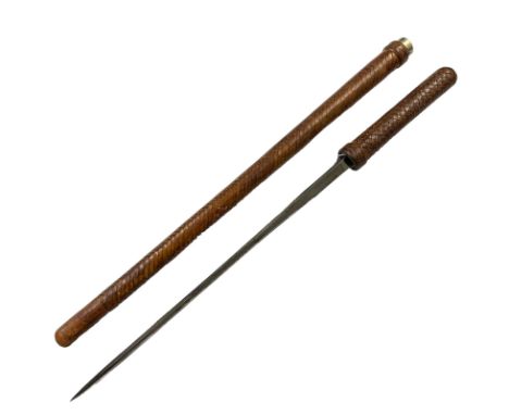 A leather Bound officers sword swagger stick, inscribed to Captain B P Braund, Royal Army services corps, etched makers mark 