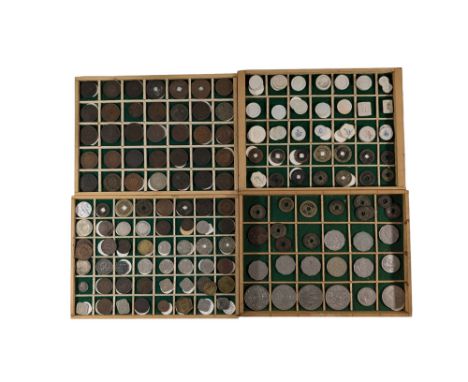 Four trays of Chinese and World coins and tokens, to include various Chinese cash coins, ceramic tokens, Korean 5 Mun 1883, J