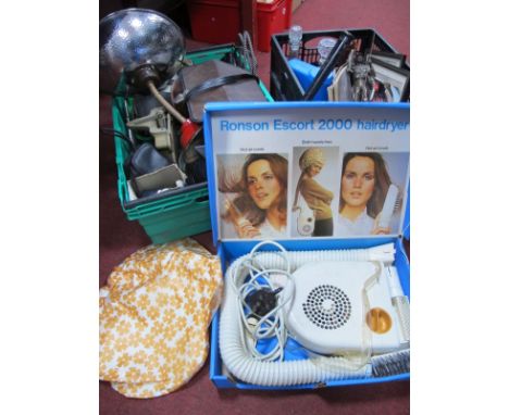 An Infra Red Lamp, prints, fisherman figure, decanters, pan, cameras, scales, Ronson escort hairdryer, etc.