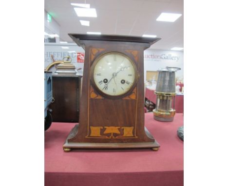 D.C Co Art Nouveau Mantle Clock, having inlaid mahogany case, on four brass bun feet, (glass damaged, chip to back), 27cm hig