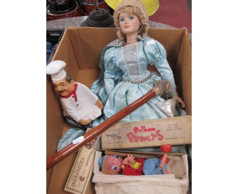 Pelham Jumpettes Puppet, doll, dominoes, walking cane.