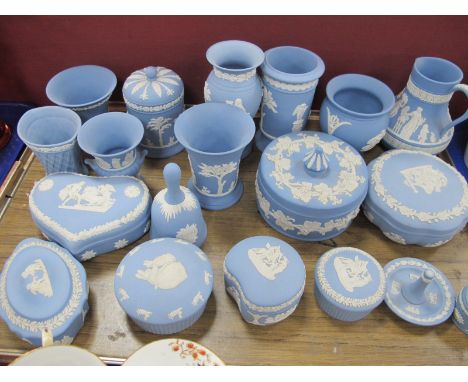 Wedgwood Powder Blue Jasper Ware Pottery, of nineteen pieces, including vases, heart shaped and other trinket boxes, lidded j