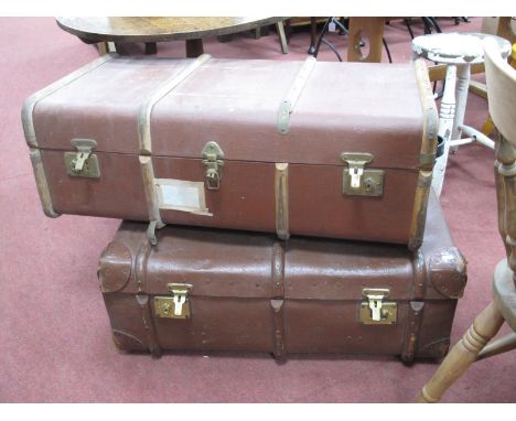 A Flaxite Wooden Bound Painted Hessian Travelling Trunk, approximately 85cm wide, another similar (2)