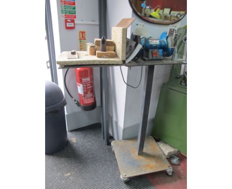 A Clarke 6" Metalworkers Bench Grinder, Model No CBGGRP with instructions on custom fabricated base with soldering station.