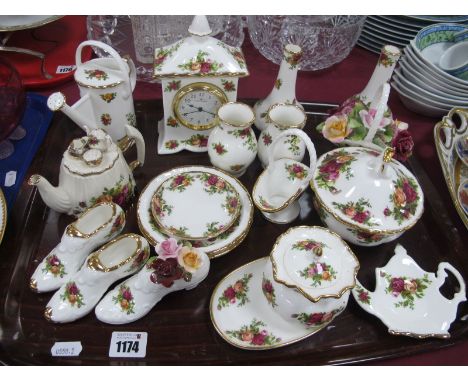Royal Albert Old Country Roses, mantle clock, pair of spill vases, jar-cover, etc:- One Tray.