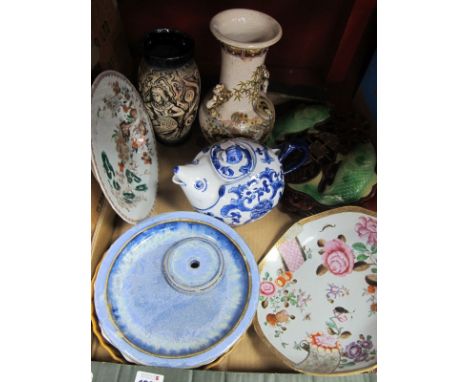 A Japanese Vase, XIX Century Chinese pottery bowl (cracked) and plates, resin fish plaque, teapot, etc:- One Tray 