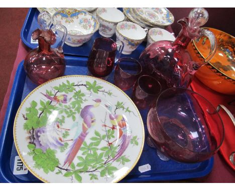 A XIX Century Cranberry Glass Decanter, oil bottle, jug, bowl and two tumblers, XIX Century hand painted plate, featuring exo