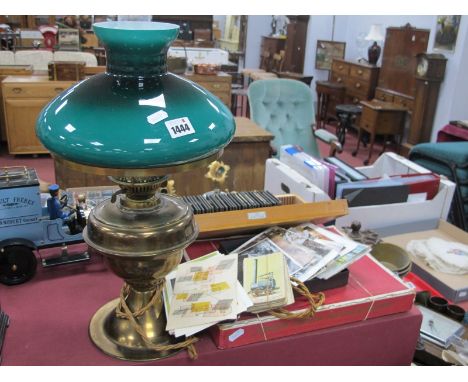 An Oil Lamp, converted to electricity, Hobbies Crown fretwork outfit, A &amp; B.C Railway cars, postcards. 