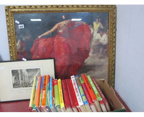 Dickinson Etching of Coventry Cathedral, Signed, 17.5 x 12cm. 'The Red Skirt' print, football annuals.