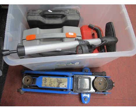 Challenger Xtreme Sander, Black &amp; Decker saw, other tools petrol can:- One Box. Chicago trolley jack.