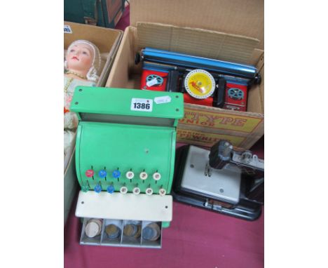 St Michael Children's Cash Register, Vulcan miniature sewing machine, The Mettype junior typewriter. (3)