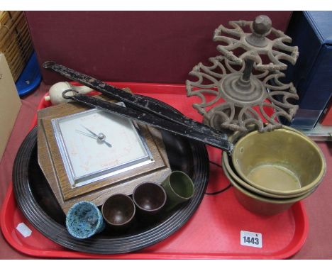 'Bass' Gerling Tray, oak barometer, iron desk stand, brass pans with elongated iron handles, etc:- One Tray