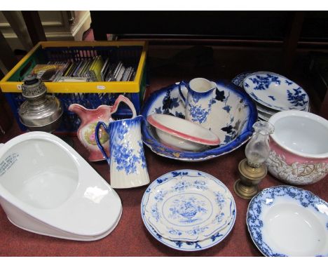A Quantity of C.D's, two oil lamps;Boots Slipper Bed Pan, wash bowl, chamber pot, Ashworth, Meakin and other ceramics.