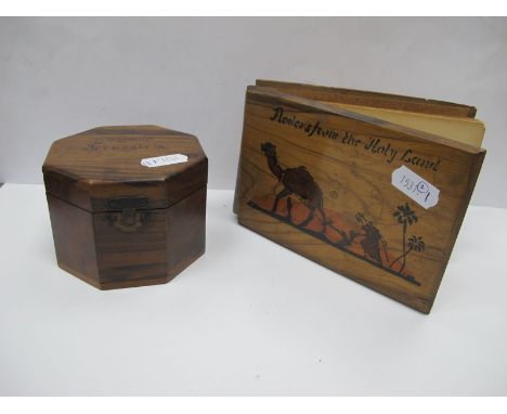 Olive Wood Backed Dried Flowers Album, having black and white images to alternate pages, an olive wood octagonal trinket box.