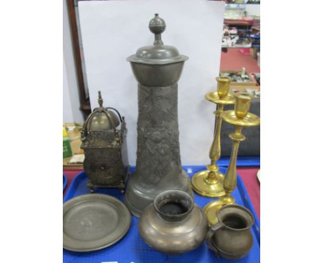 A Large German Flagon, lantern style clock, brass candlesticks etc:- One Tray.