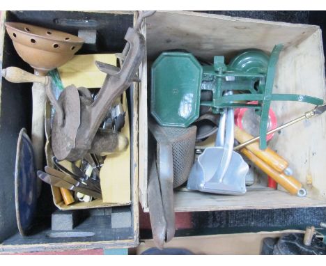 A Rapid Marmalade Cutter, cutlery, scales, Springbok press, pans, other Kitchenalia in wooden boxes. (2)