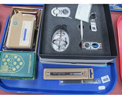 Microsoft Desk Top, pen stand, clock keying, egg timer (boxed), Guinness pen, Parker pen, Westminster Bank Money Box Book, et