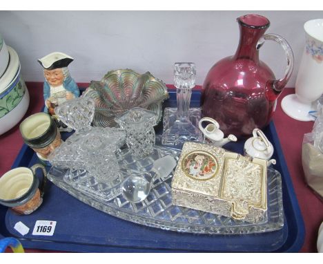 A XIX Century Cranberry Glass Decanter, Carnival bowl, Empire bridge set, Dulton small character jugs, etc:- One Tray