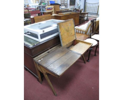 A Schools Wooden Twin Desk, circa mid "XX" Century, with pen groove and inkwell apertures, on 'A'' shaped supports, 113cm wid