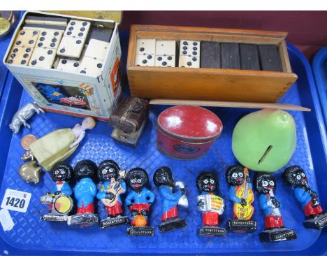 Nine Robertsons Bandsmen, inkwell as a Doctors bag, dominoes, small doll, etc:- One Tray.
