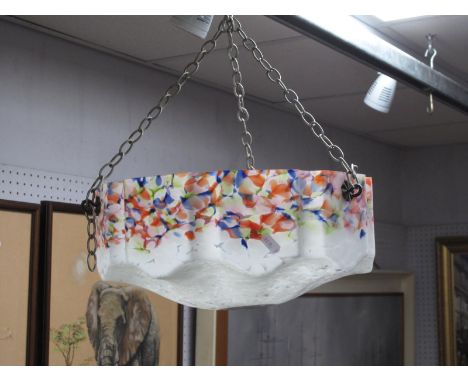 A 1920's White Marbelette Glass Ceiling Light, with multi coloured shaped rim, approximately 35cm wide.