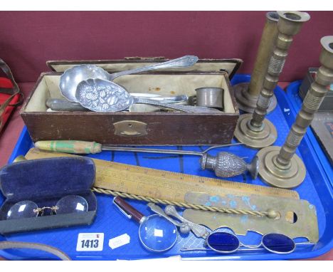 Brass Candlesticks, rulers, button cleaner, white metal pepperette, cutlery, spectacles, etc:- One Tray
