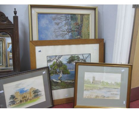 Luke Sykes, Steam Engine Pulling a Plough, oil on canvas,signed bottom right, together with two prints 49 x 74, and a waterco