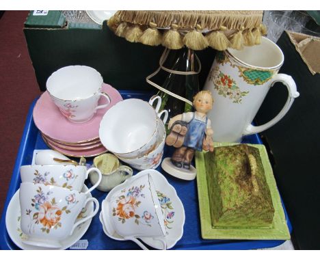 Shelley China Part Tea Service, Goebel figure, cheese dish and a green glass base lamp, etc:- One Tray