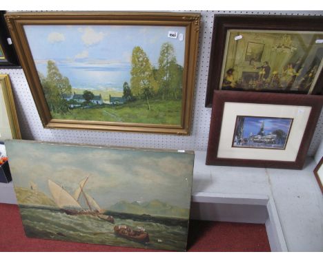 Three Men in a Boat, oil on canvas; R. Houston, print of the Isle of Arran and two other prints. (4)