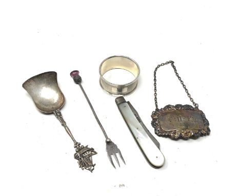 Selection of antique silver items inc napkin ring caddy spoon fruit knife etc 