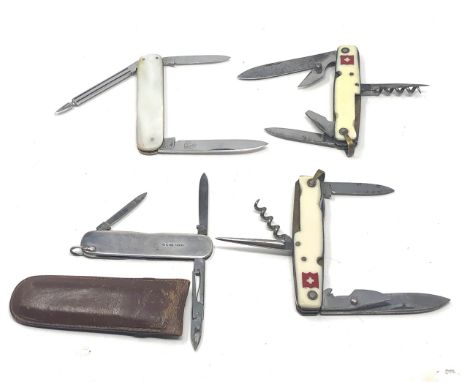 4 vintage / antique pen knives includes 2 vintage swiss army pen knives hallmarked silver pen knife with scissors etc 