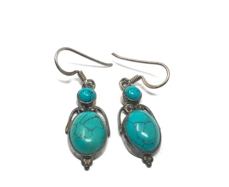 pair of Vintage navajo style turquoise set silver earring measure approx 3.8cm drop 