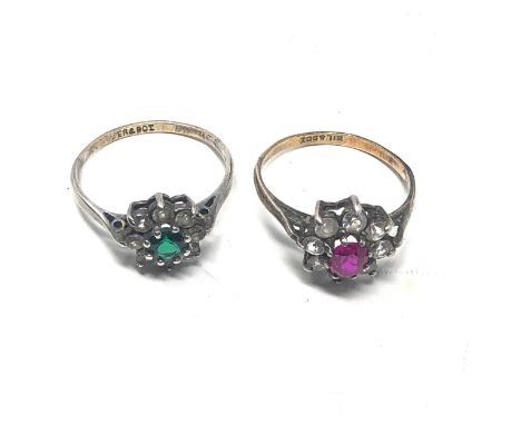2 x 9ct gold &amp; silver vintage paste floral cluster dress rings (3.1g) 