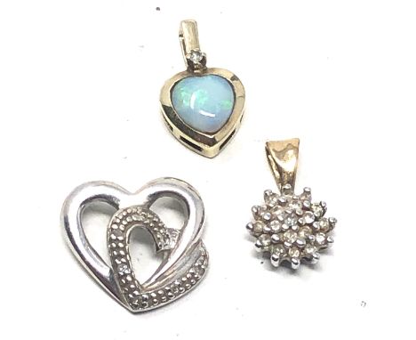 3 x 9ct yellow and white gold diamond set pendants inc. opal (2.4g) 