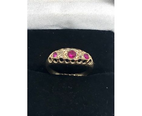 9ct gold vintage ruby &amp; old cut diamond gypsy setting ring - hallmarked birmingham 1931 (1.2g) 