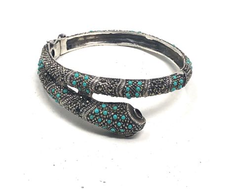 .925 Marcasite, Turquoise And Garnet Set Snake Bangle (39g) 