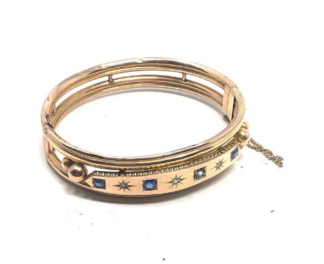 9ct gold antique sapphire &amp; old cut diamond ornate round bangle - hallmarked chester 1898 (13.2g) 