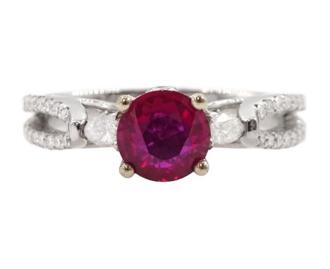 18ct white gold three stone round cut ruby and pear cut diamond ring, with diamond set gallery and two row diamond set should