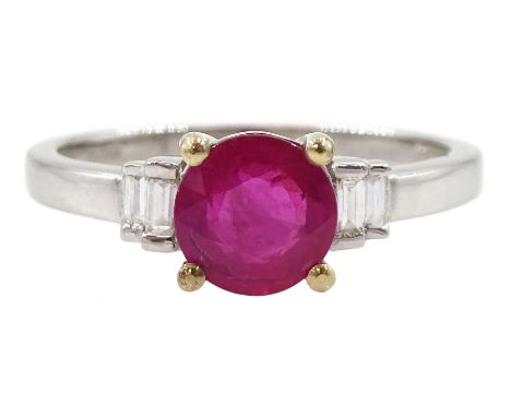 18ct white gold round cut ruby ring, with two baguette cut diamonds set either side, stamped 750, ruby approx 0.80 caratCondi