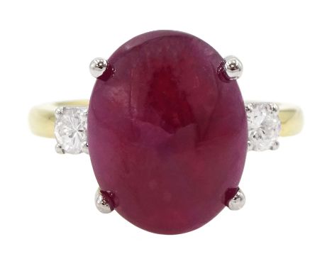 18ct gold three stone cabochon ruby and round brilliant cut diamond ring, hallmarked, ruby approx 9.95 caratCondition Report: