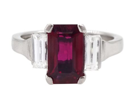 18ct white gold three stone emerald cut Thai ruby and baguette cut diamond ring, hallmarked, ruby approx 2.00 carat, total di