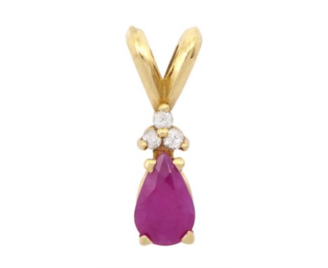 14ct gold pear shaped ruby and round brilliant cut diamond pendantCondition Report: Approx 0.65gm, tested 14ct, length = 15mm